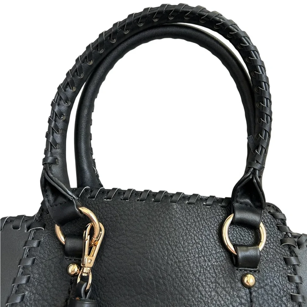 ISABELLE Women’s Nubuck Leather/Vegan Leather Purse Tote Black/Gold Braid Tassel